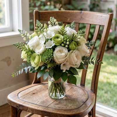 a bouquet of white and green flowers on a chair