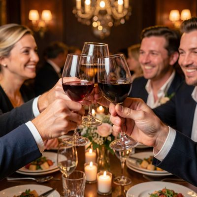 a toast being made with raised glasses