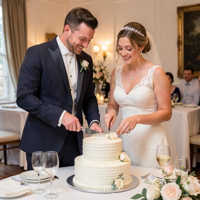 a man and a woman cutting a wedding cake together