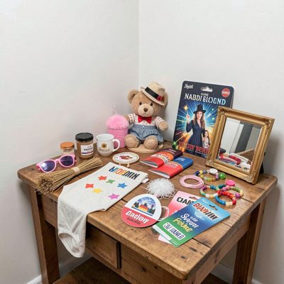 a photo booth corner with props on a table