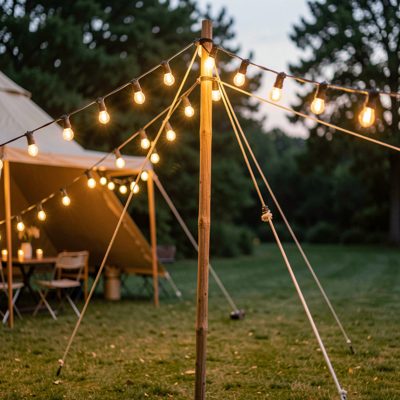 a tent pole strung with festoon lighting