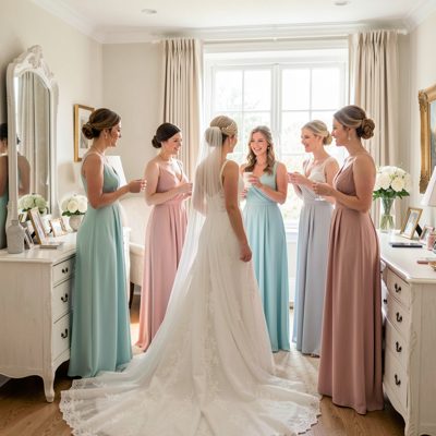 a bridal party getting ready in a bright room