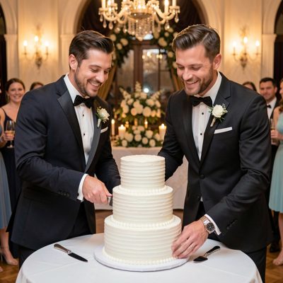 two grooms cutting a wedding cake together