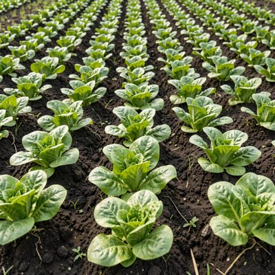 rows of young lettuce in dark soil