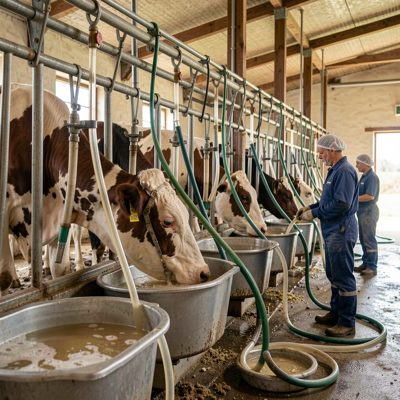 a dairy parlour with cows being milked