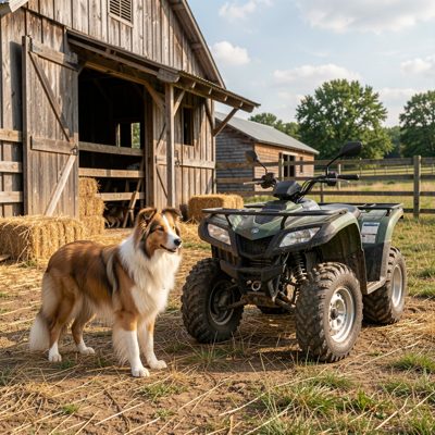a farmyard with a collie and a quad bike