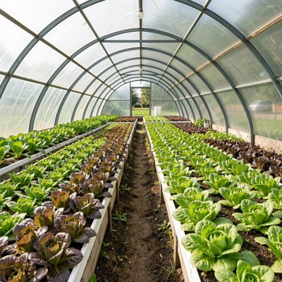a polytunnel with rows of salad crops
