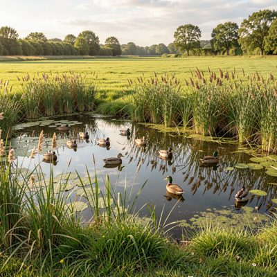 a farm pond with reeds and ducks