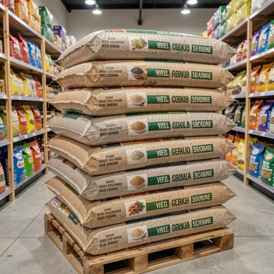 a stack of seed sacks in a store