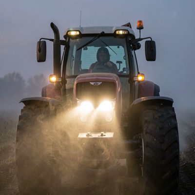 a tractor headlight cutting through evening mist