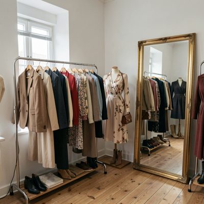 a fashion studio with a clothing rail and mirror