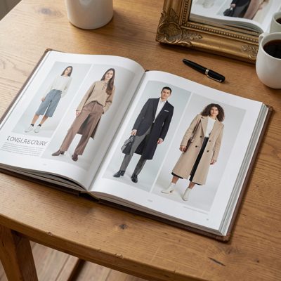a fashion lookbook open on a table