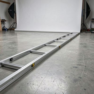 a dolly track laid across a studio floor
