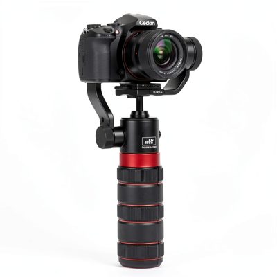 a gimbal stabiliser with a camera mounted