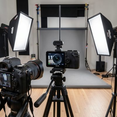 a studio with a teleprompter in front of a camera