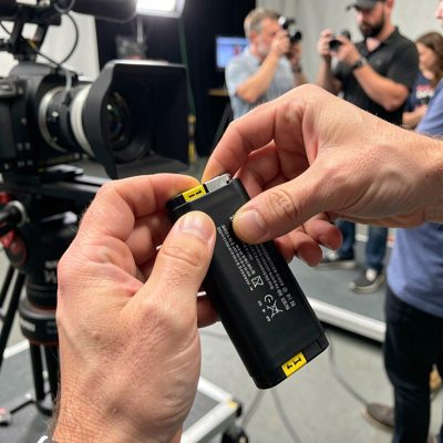 a camera battery being swapped on set