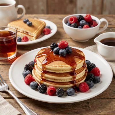 a breakfast spread of pancakes, berries and syrup