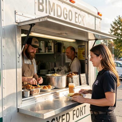 a food truck window with a customer ordering