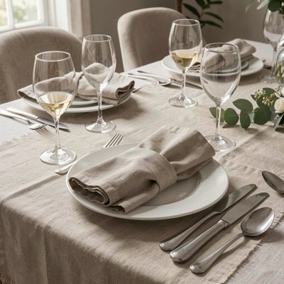 a table set for dinner with linen and folded napkins