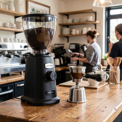 a coffee grinder and portafilter on a cafe counter