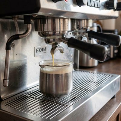 an espresso machine steaming milk in a jug