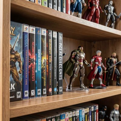 a shelf of game cases and figures
