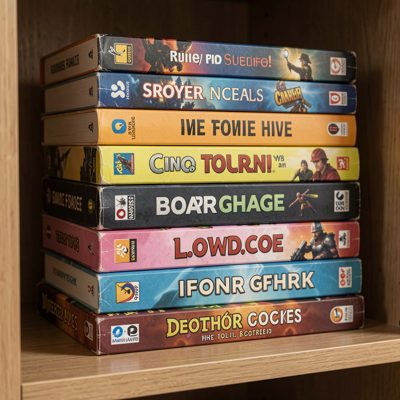 a stack of board games on a shelf