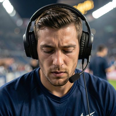 a player concentrating with headphones on