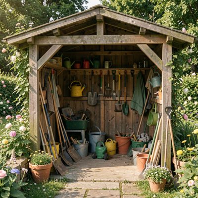 a garden shed with tools hanging inside