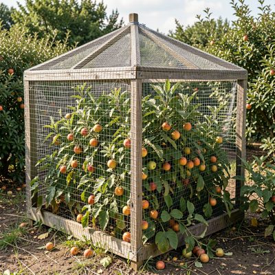 a fruit cage with netting over bushes