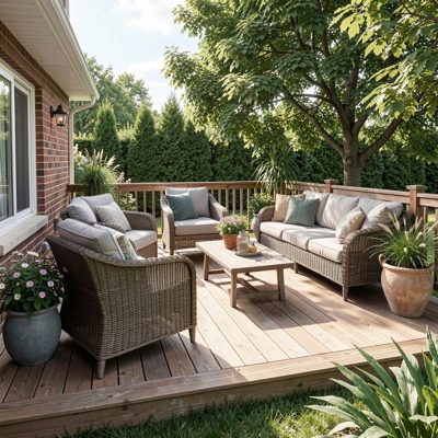 a decking area with outdoor furniture