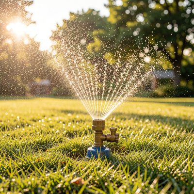 a lawn sprinkler running in the sun