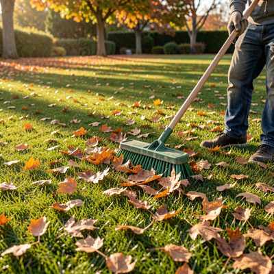 a lawn with fallen leaves being raked