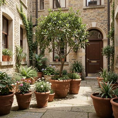 a courtyard garden with pots and a small tree
