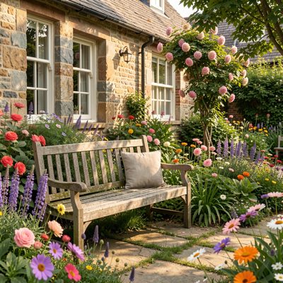a guesthouse garden with a bench and flowers