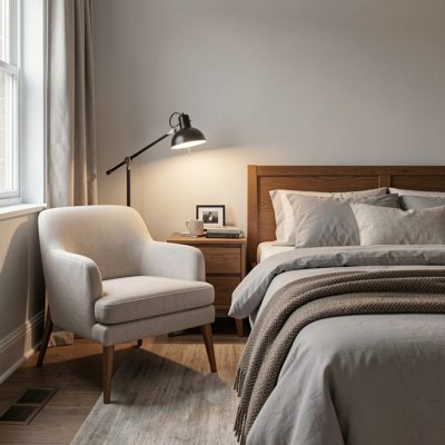 a guest bedroom with a chair and reading lamp