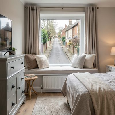 a bedroom with a window seat over a lane
