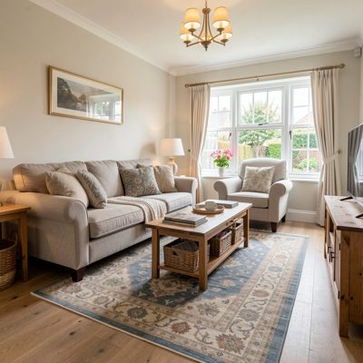 a holiday let living room with a sofa and rug