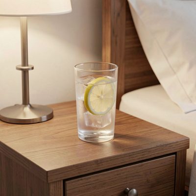 a glass of water with lemon on a bedside table