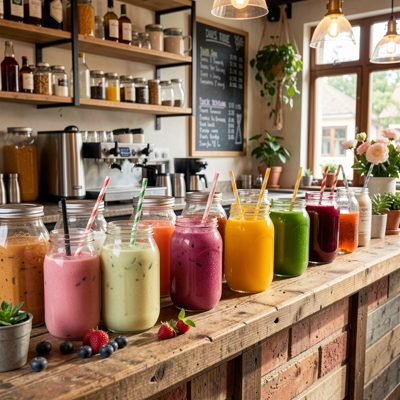 artisanal juice bar counter showcasing colorful blends