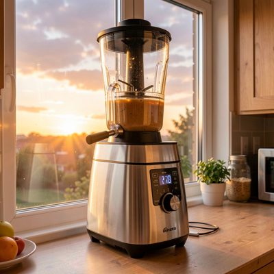 sunset shot of a juicer operating in a kitchen window
