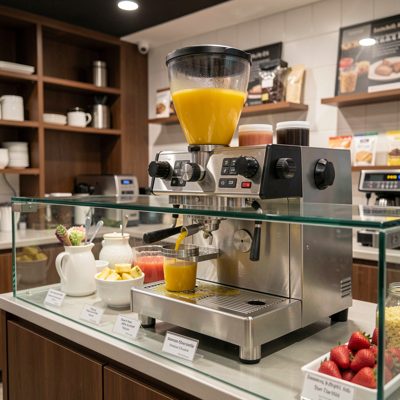 juice blending machine in action behind glass counter