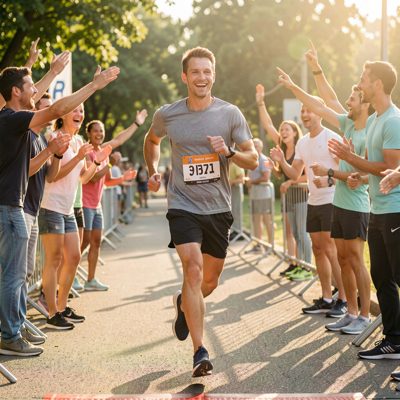 morning jogger crossing finish line with friends cheering