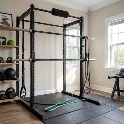 home fitness studio showing pull-up bar and resistance bands