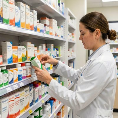 a pharmacist arranging boxes on a shelf