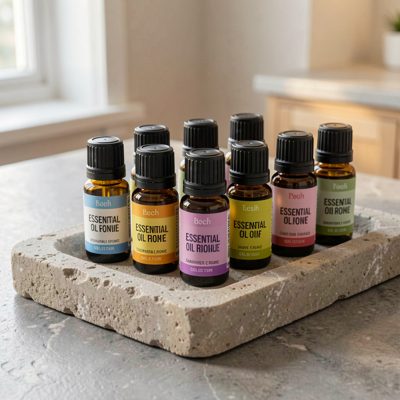 a set of essential oil bottles on a stone tray