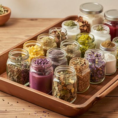 a tray of herbal remedies in glass jars