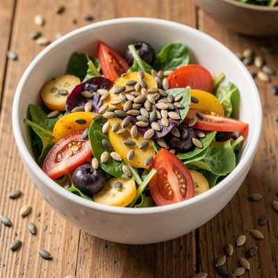 a bowl of colourful salad with seeds scattered on top