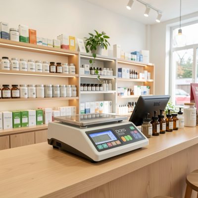 a bright dispensary counter with a scale