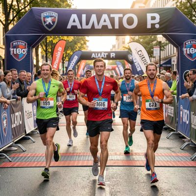 runners crossing finish line with medals